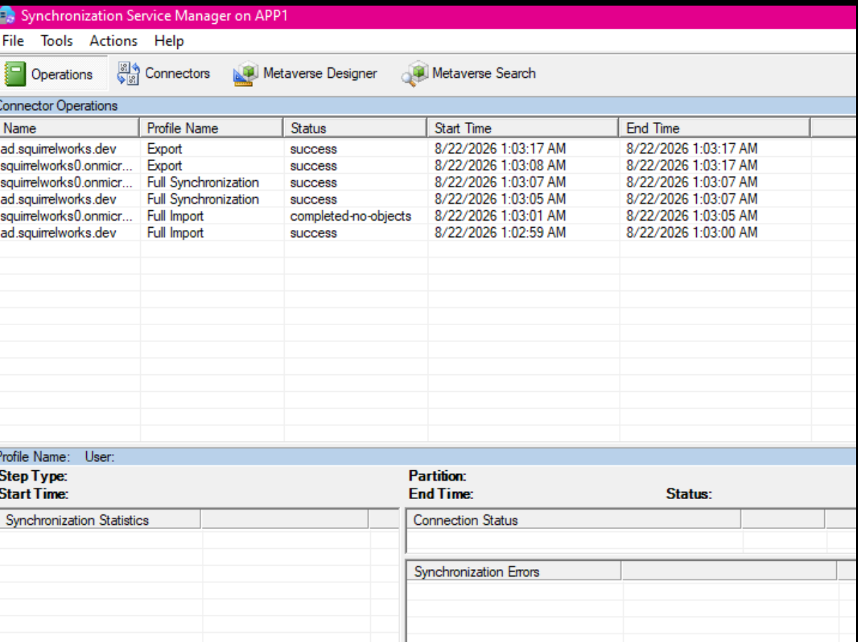 Synchronization Service Manager operations showing successful sync profiles on APP1